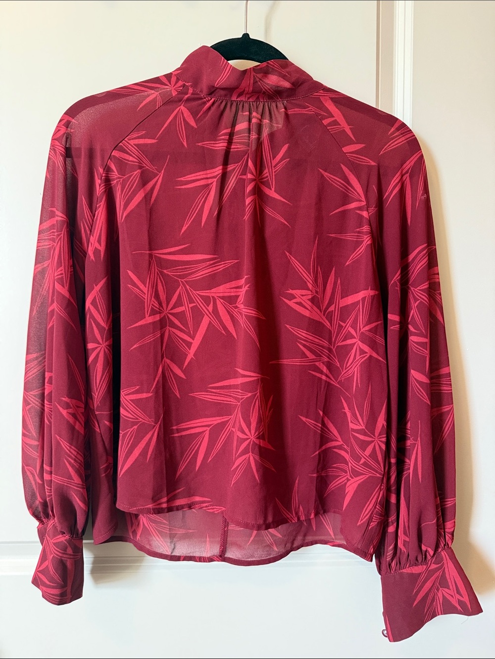 Forever 21 Burgundy Leaf-Print Long-Sleeve Blouse